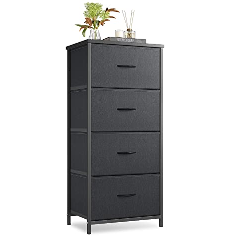 Cubiker Dresser Storage Tower, 4 Drawers Fabric Organizer Unit for Bedroom Hallway Entryway Closets, 16" Small Dresser Clothes Storage with Sturdy Steel Frame Wood Top, Black Grey