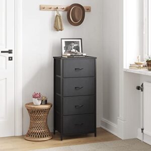 Cubiker Dresser Storage Tower, 4 Drawers Fabric Organizer Unit for Bedroom Hallway Entryway Closets, 16" Small Dresser Clothes Storage with Sturdy Steel Frame Wood Top, Black Grey
