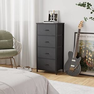 Cubiker Dresser Storage Tower, 4 Drawers Fabric Organizer Unit for Bedroom Hallway Entryway Closets, 16" Small Dresser Clothes Storage with Sturdy Steel Frame Wood Top, Black Grey