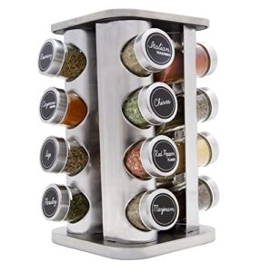 orii 16 jar spice rack with spices included - rotating countertop tower organizer for kitchen spices and seasonings, free spice refills for 5 years (stainless steel)