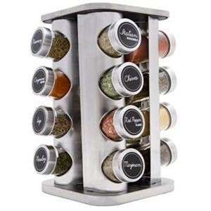 Orii 16 Jar Spice Rack with Spices Included - Rotating Countertop Tower Organizer for Kitchen Spices and Seasonings, Free Spice Refills for 5 Years (Stainless Steel)