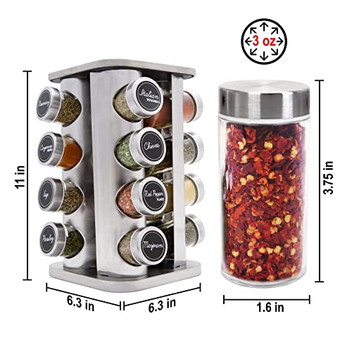 Orii 16 Jar Spice Rack with Spices Included - Rotating Countertop Tower Organizer for Kitchen Spices and Seasonings, Free Spice Refills for 5 Years (Stainless Steel)