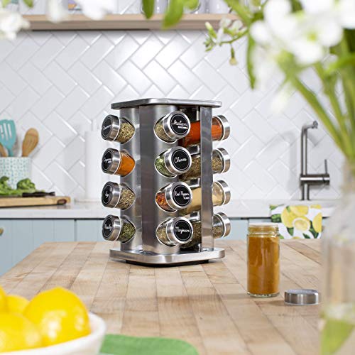 Orii 16 Jar Spice Rack with Spices Included - Rotating Countertop Tower Organizer for Kitchen Spices and Seasonings, Free Spice Refills for 5 Years (Stainless Steel)