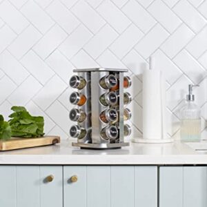 Orii 16 Jar Spice Rack with Spices Included - Rotating Countertop Tower Organizer for Kitchen Spices and Seasonings, Free Spice Refills for 5 Years (Stainless Steel)