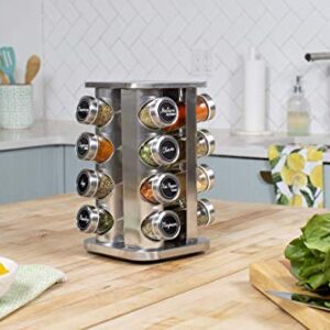 Orii 16 Jar Spice Rack with Spices Included - Rotating Countertop Tower Organizer for Kitchen Spices and Seasonings, Free Spice Refills for 5 Years (Stainless Steel)