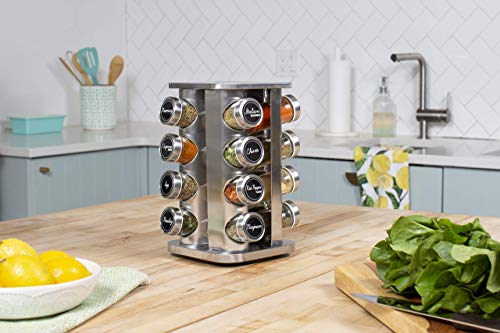 Orii 16 Jar Spice Rack with Spices Included - Rotating Countertop Tower Organizer for Kitchen Spices and Seasonings, Free Spice Refills for 5 Years (Stainless Steel)