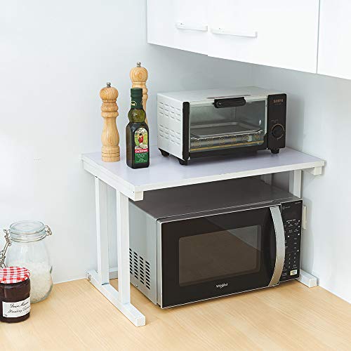 Farios Wooden Microwave Oven Rack, 2-Tier Kitchen Counter Shelf, Kitchen Space Saving Organizer, Two Layers Counter Top Organizer for Printers on Desk, Microwave Shelf Stand - White