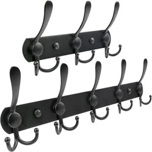 lotfancy wall mounted coat rack, black coat hooks for wall, 3 and 5 tri hooks, stainless steel heavy duty metal hook rail for coats, hats, towels, handbags, for kitchen, mudroom, entreway