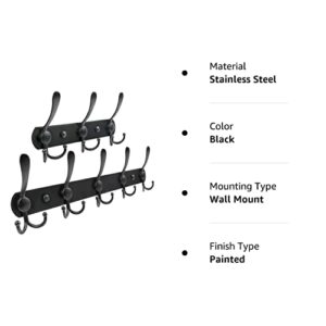 LotFancy Wall Mounted Coat Rack, Black Coat Hooks for Wall, 3 and 5 Tri Hooks, Stainless Steel Heavy Duty Metal Hook Rail for Coats, Hats, Towels, Handbags, for Kitchen, Mudroom, Entreway