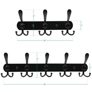 LotFancy Wall Mounted Coat Rack, Black Coat Hooks for Wall, 3 and 5 Tri Hooks, Stainless Steel Heavy Duty Metal Hook Rail for Coats, Hats, Towels, Handbags, for Kitchen, Mudroom, Entreway