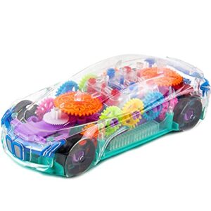 toysery transparent toy car for toddlers – see through electric car, mechanical battery operated race car toy with visible colored moving gears, brilliant led light effects, plays charming music,