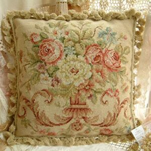 GoldenAppleArt 16" Elegant Roses in Urn Vintage Handmade Aubusson Design Needlepoint Pillow