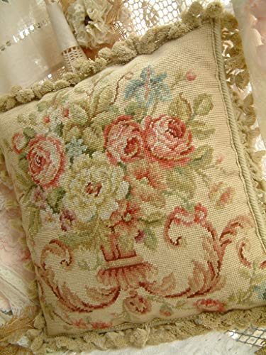 GoldenAppleArt 16" Elegant Roses in Urn Vintage Handmade Aubusson Design Needlepoint Pillow