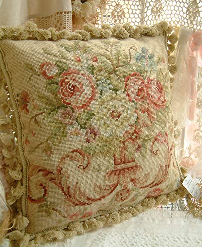 GoldenAppleArt 16" Elegant Roses in Urn Vintage Handmade Aubusson Design Needlepoint Pillow