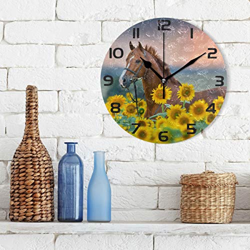 Oreayn Horse Sunflower Wall Clock for Home Office Bedroom Living Room Decor Non Ticking