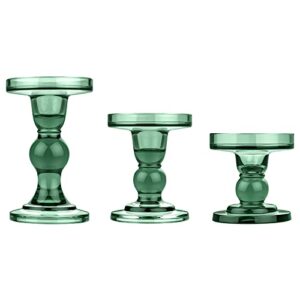 lewondr glass candle holders, 3 pieces crystal clear candlesticks with elegant design for pillar taper candle and tea light, home table living room wedding party decorations home décor - green