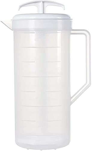 JBK Pottery - Mixing Pitcher for Drinks, Plastic Water Pitcher with Lid and Plunger with Angled Blades, Easy-Mix Juice Container, 2-Quart Capacity (White, One)