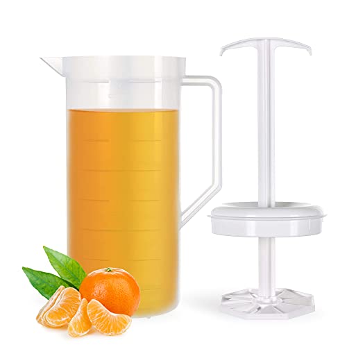 JBK Pottery - Mixing Pitcher for Drinks, Plastic Water Pitcher with Lid and Plunger with Angled Blades, Easy-Mix Juice Container, 2-Quart Capacity (White, One)