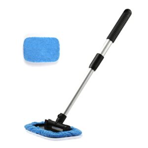 justtop windshield cleaning tool, car window cleaner with unbreakable extendable long-reach handle and washable reusable microfiber cloth, car exterior accessories, blue