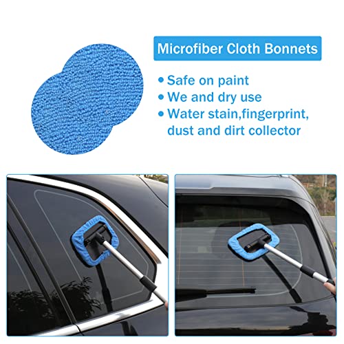 JUSTTOP Windshield Cleaning Tool, Car Window Cleaner with Unbreakable Extendable Long-Reach Handle and Washable Reusable Microfiber Cloth, Car Exterior Accessories, Blue