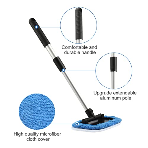 JUSTTOP Windshield Cleaning Tool, Car Window Cleaner with Unbreakable Extendable Long-Reach Handle and Washable Reusable Microfiber Cloth, Car Exterior Accessories, Blue