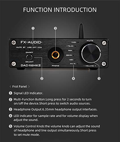 KGUSS FX-Audio DAC-X6 MKII Bluetooth 5.0 Digital Audio Decoder DAC 24-bit/192kHz USB/Coaxial/Optical Headphone Amp Mini HiFi Pre-Amplifier Black