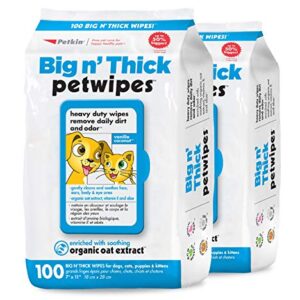 Petkin Pet Wipes for Dogs and Cats, 200 Wipes - Large Pet Wipes for Dogs and Cats - Cleans Ears, Face, Butt, Body and Eye Area - Convenient, Ideal for Home or Travel - 2 Packs of 100 Wipes