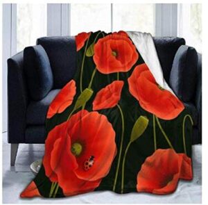 faux fur throw blankets for couch,ultra soft red poppy print black fluffy plush queen size throw blankets for living room couch and bed -fall winter and spring,130x150cm(50x60 inchs)