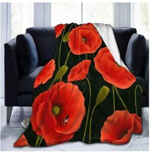 Faux Fur Throw Blankets for Couch,Ultra Soft Red Poppy Print Black Fluffy Plush Queen Size Throw Blankets for Living Room Couch and Bed -Fall Winter and Spring,130X150Cm(50X60 Inchs)