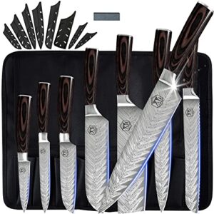 xyj professional kitchen knife set vein pattern 8" 7" 5" 3.5" chef knives set with carry case bag & sheath 8 pieces cooking knife tools (coffee)