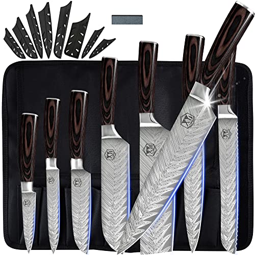 XYJ Professional Kitchen Knife Set Vein Pattern 8" 7" 5" 3.5" Chef Knives Set With Carry Case Bag & Sheath 8 Pieces Cooking Knife Tools (Coffee)