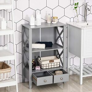 kleankin X- Frame Freestanding Floor Bathroom Storage with Two Drawers, Storage Organizer, Cabinet with 3 Shelves, Grey