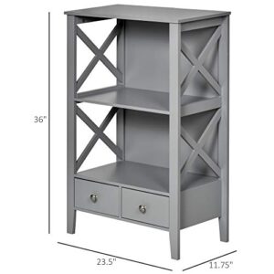 kleankin X- Frame Freestanding Floor Bathroom Storage with Two Drawers, Storage Organizer, Cabinet with 3 Shelves, Grey