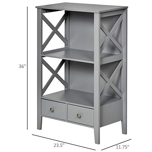 kleankin X- Frame Freestanding Floor Bathroom Storage with Two Drawers, Storage Organizer, Cabinet with 3 Shelves, Grey