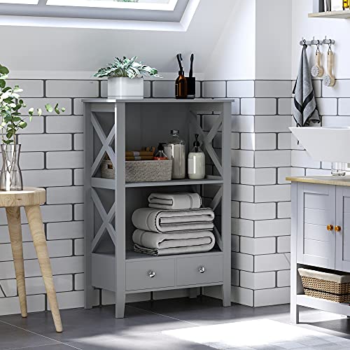 kleankin X- Frame Freestanding Floor Bathroom Storage with Two Drawers, Storage Organizer, Cabinet with 3 Shelves, Grey