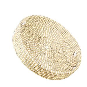 natural seagrass woven basket round serving tray with handles coffee table tray hand woven storage basket for fruit, tea, bread, breakfast, drinks, snack woven tray (white round tray)