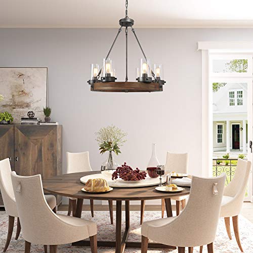 GEPOW Farmhouse Wood Chandelier, Round Wagon Wheel Light Fixture with Seeded Glass Shades for Dining Room, Living Room, Bedroom, Kitchen Island and Foyer