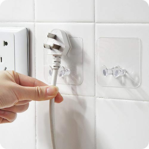 S5E5X Adhesive Toothbrush Holder Wall-Mounted, Multi-Function Power Plug Socket Razor Wall Hanger Hook, Transparent Reusable Seamless Wall Storage Hook for Office Bathroom Home Kitchen (2PC)