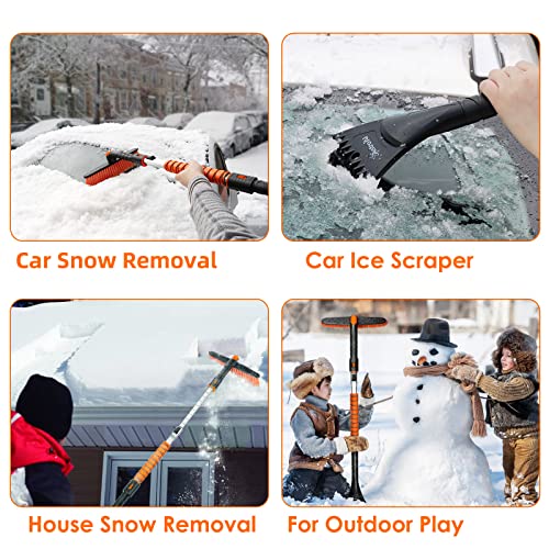 AstroAI 47.2" Ice Scraper and Extendable Snow Brush for Car Windshield with Foam Grip and 360° Pivoting Brush Head for Christmas Car Auto Truck SUV(Orange)