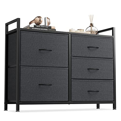 Cubiker Dresser Storage Organizer, 5 Drawer Dresser Tower Unit for Bedroom Hallway Entryway Closets, Small Dresser Clothes Storage with Sturdy Steel Frame Wood Top, Black Grey