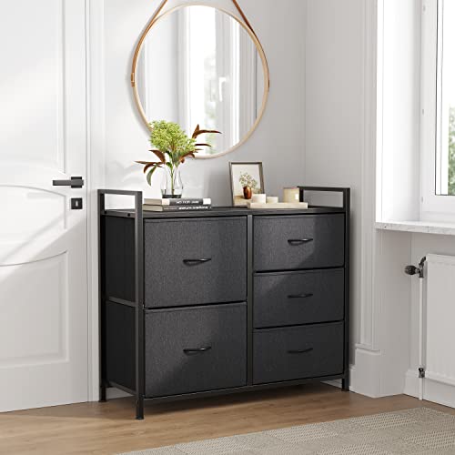 Cubiker Dresser Storage Organizer, 5 Drawer Dresser Tower Unit for Bedroom Hallway Entryway Closets, Small Dresser Clothes Storage with Sturdy Steel Frame Wood Top, Black Grey