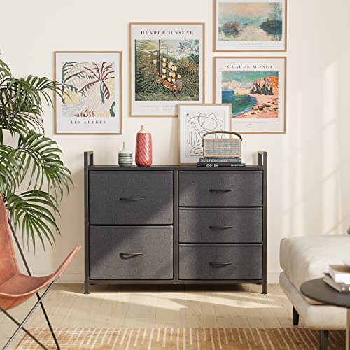 Cubiker Dresser Storage Organizer, 5 Drawer Dresser Tower Unit for Bedroom Hallway Entryway Closets, Small Dresser Clothes Storage with Sturdy Steel Frame Wood Top, Black Grey