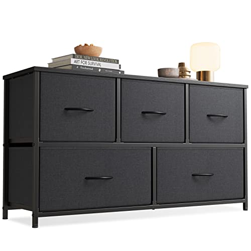 Cubiker Dresser Storage Organizer, 5 Drawer Dresser Tower Unit for Bedroom Hallway Entryway Closets, Small Dresser Clothes Storage with Wide Sturdy Steel Frame Wood Top, Black Grey