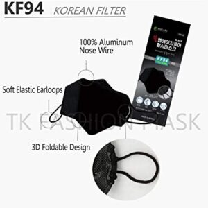 [10 Pack] Black Disposable KF-94 Face Mask, Individual Pack, made in Korea, Disposable, Nose Mouth Covering Dust Face Mask, Adjustable Strap, Unisex Adult, 3D Ergonomic Design