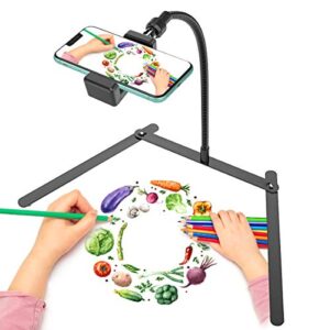 adjustable gooseneck cellphone holder,overhead phone mount,table top teaching online stand for live streaming and online video and food crafting demo drawing sketching recording