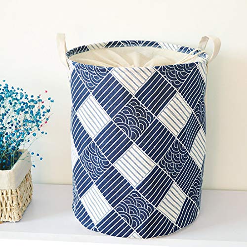 HUAIDE Laundry Basket with Drawstring Closure & Handles Laundry Organizer Hamper Foldable Cotton Laundry Bag Home Dorm Storage Bin Blue+White 1Pc