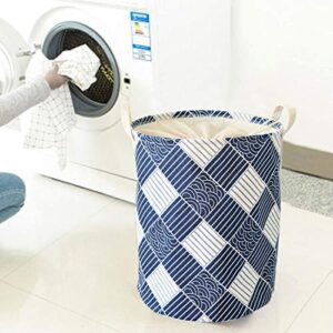 HUAIDE Laundry Basket with Drawstring Closure & Handles Laundry Organizer Hamper Foldable Cotton Laundry Bag Home Dorm Storage Bin Blue+White 1Pc