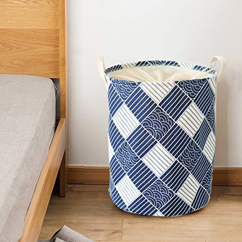 HUAIDE Laundry Basket with Drawstring Closure & Handles Laundry Organizer Hamper Foldable Cotton Laundry Bag Home Dorm Storage Bin Blue+White 1Pc