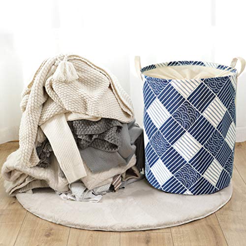 HUAIDE Laundry Basket with Drawstring Closure & Handles Laundry Organizer Hamper Foldable Cotton Laundry Bag Home Dorm Storage Bin Blue+White 1Pc