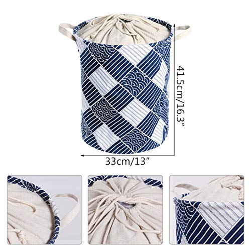 HUAIDE Laundry Basket with Drawstring Closure & Handles Laundry Organizer Hamper Foldable Cotton Laundry Bag Home Dorm Storage Bin Blue+White 1Pc